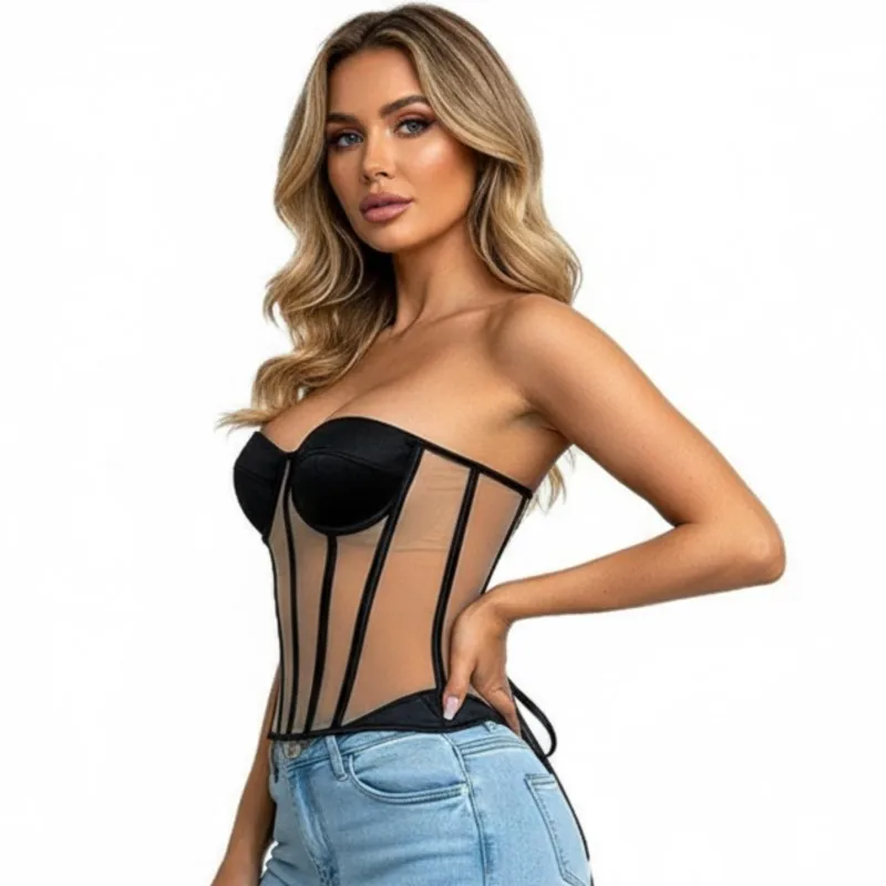 

Women French Palace Mesh Corset Vintage Lace Bustier Built-in Boning Low Neckline Strapless Shaper Sexy Party Rave Lingerie Top