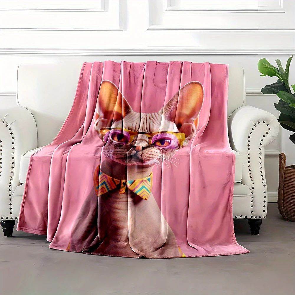 Cute Cat with Glasses Throw Blanket, Funny Pet Art, Pink Background Design for Home & Bed Decor
