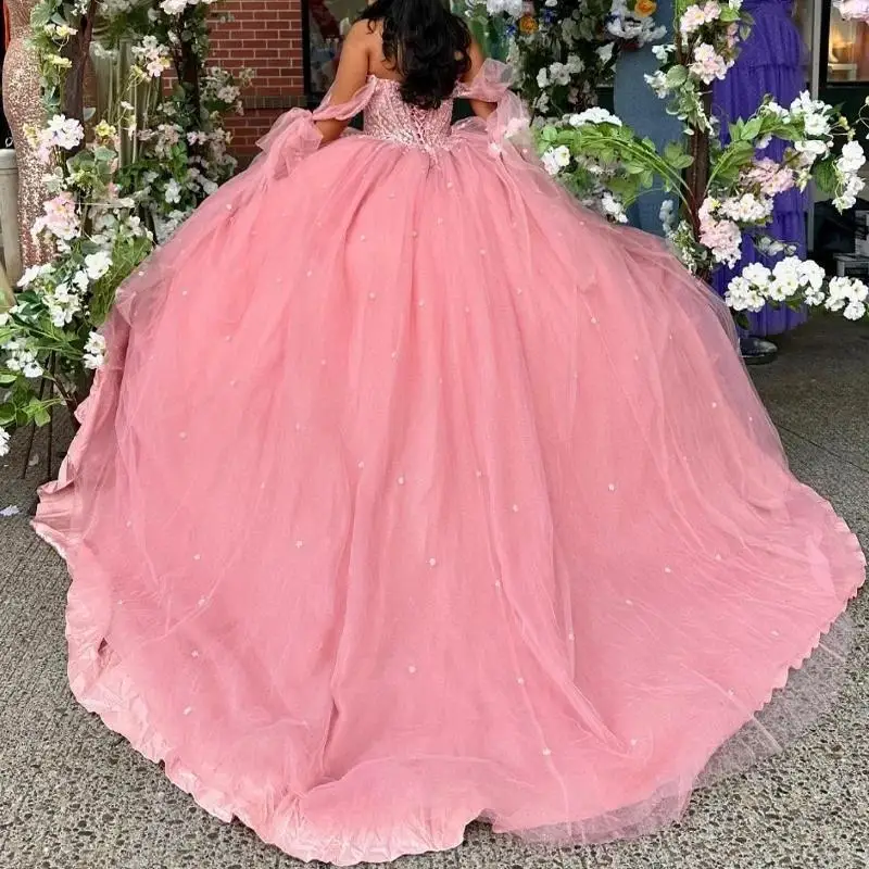 Maßgeschneiderte rosa Quinceanera-Kleider, Ballkleid, schulterfrei, Spitze, Perlenstickerei, Tüll, Korsett, Party, Geburtstag, Sweet-16-Kleid E