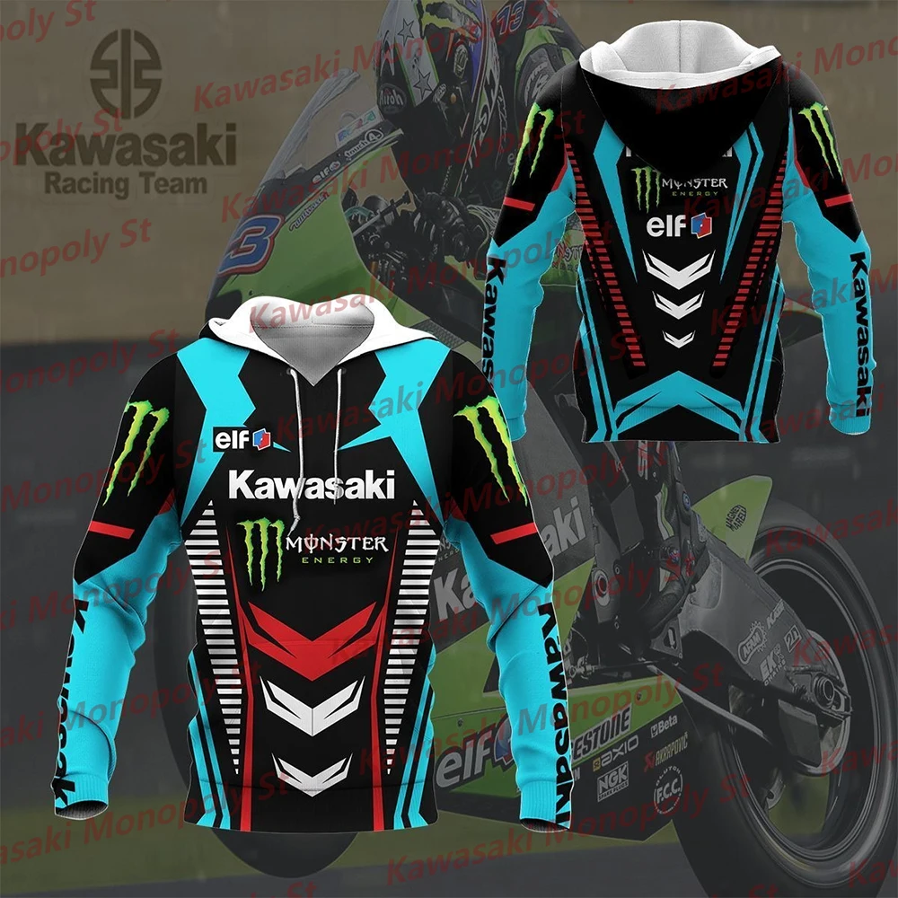 New Spring Men Kawasaki Motorcycle 3d Printed Pattern Fashion Hoodie Motorcycle Blue Riding Wear Adult Recreational Racing Wear