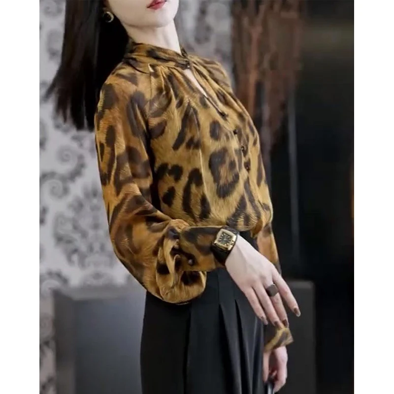 Spring Autumn Women Stylish Vintage Leopard Print Blouse Office Lady Elegant Business Casual Shirt Sexy Hollow Long Sleeve Tops