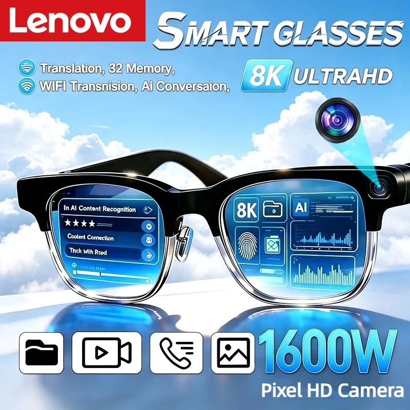 Lenovo 8K AI Smart Glasses 1600W Touch Control Translator Voice Assistant Wireless Bluetooth Calling Sunglasses for Men Women