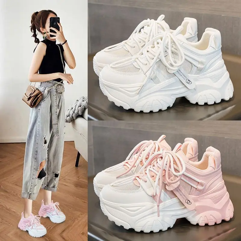 

2026 Summer New Dad Shoes Women's Versatile White Thick soled Thin Sport Mesh Women's Shoes