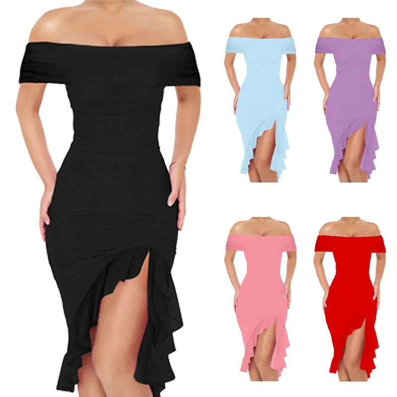 

New Collection Sexy Women’s Cold Shoulder Backless Slimming Dresses: Elegant Ruched Ruffle Hem Engagement Cocktail Dresses