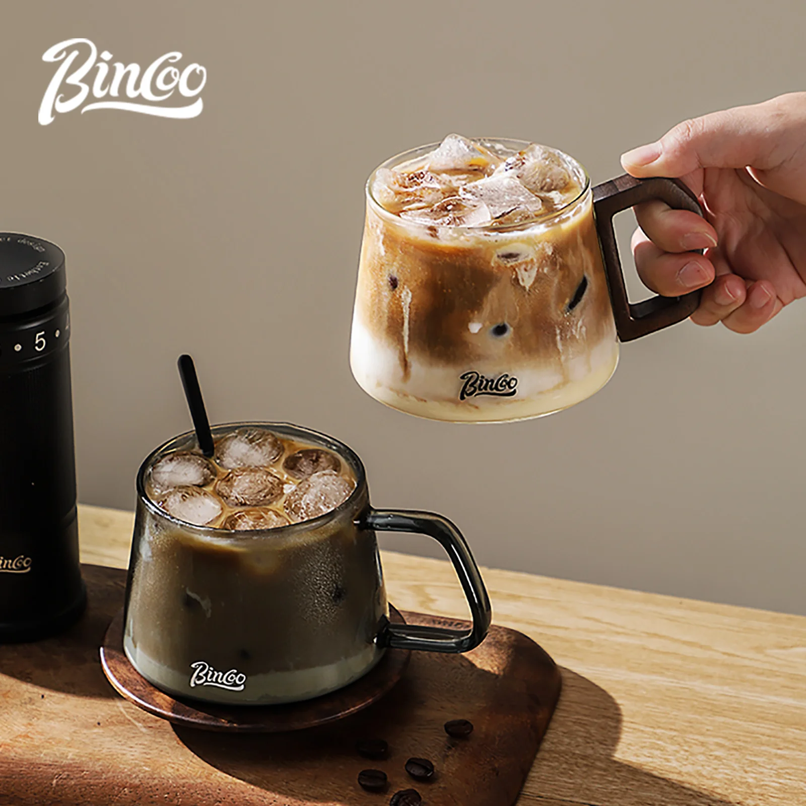 

BINCOO 340ML Creativity Transparent Heat-Resistant Espresso Coffee Mug with Wood Handle Glass Cup for Cappuccino Latte Tea Water