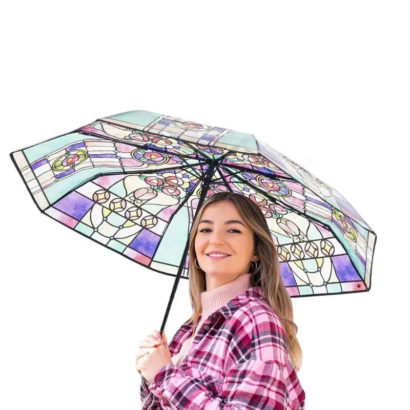 Transparent Color Folding Umbrella Vintage Stained Glass Automatic Umbrella Chic Creative Hand-Painted Umbrella For Woman man