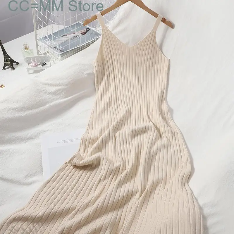 

Ribbed V Neck Dress for Women Summer Solid A Line Sleeveless Camisole Dresses Office Ladies Sexy Knitted Dress