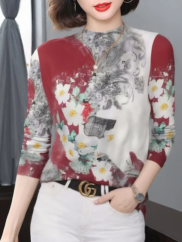 

Утепленная флисовая рубашка с длинным рукавом и принтом, с воротником-стойкой, в стиле акварель, для женщин среднего и пожилого возраста, одежда для мам