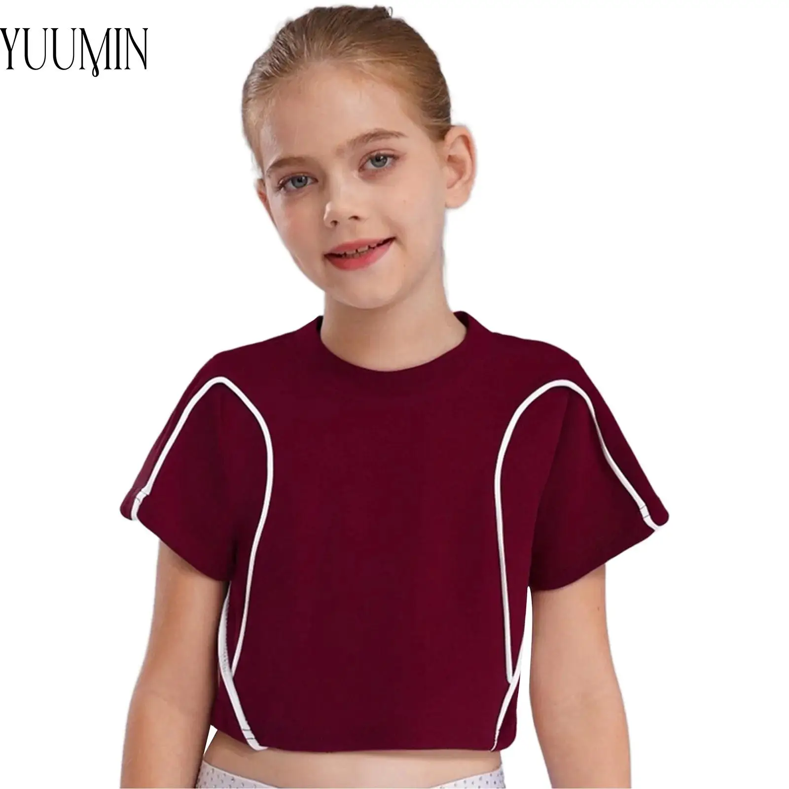 Kids Girls Contrast Color Trim Crop Top Hip-Hop Jazz Dance Cycling Sports Shirt Round Neck Short Sleeve T-shirt