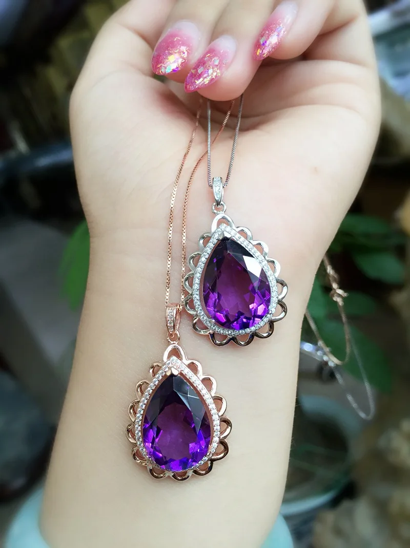 [MeiBaPJ]Real Natural Amethyst Large Pendant Necklace with Certificate 925 Pure Silver Fine Jewelry for Women