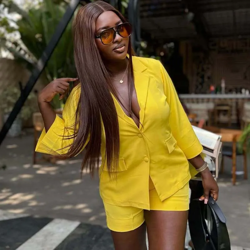 

African Women's Wear Solid Color Cardigan Shirt Casual Shorts Two-Piece Set 2025 New European and American Suit