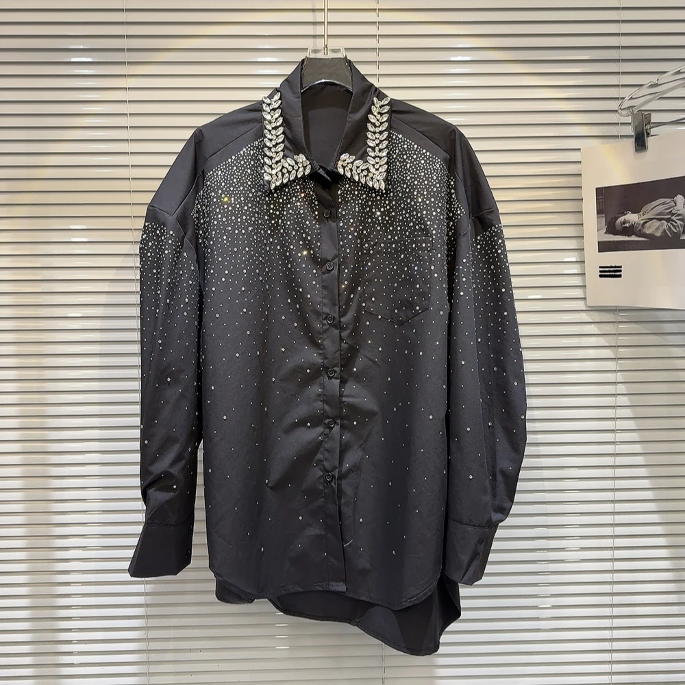Fashion 2024 Spring New Shirts Rhinestone Beaded Gradient Starry Hot Rhinestone Shirt Long Sleeve Single Breasted Clothes