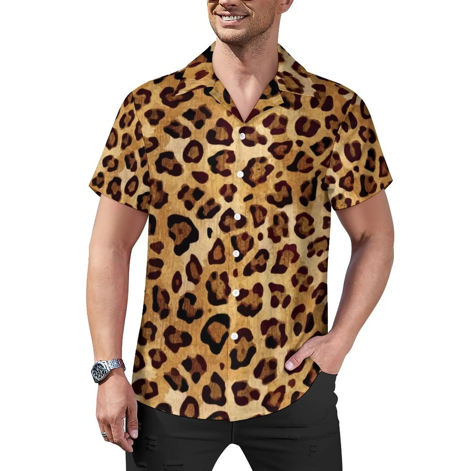 

Leopard Print Vacation Shirt Wild Animal Print Summer Casual Shirts Man Trendy Blouses Short Sleeves Pattern Clothing Plus Size