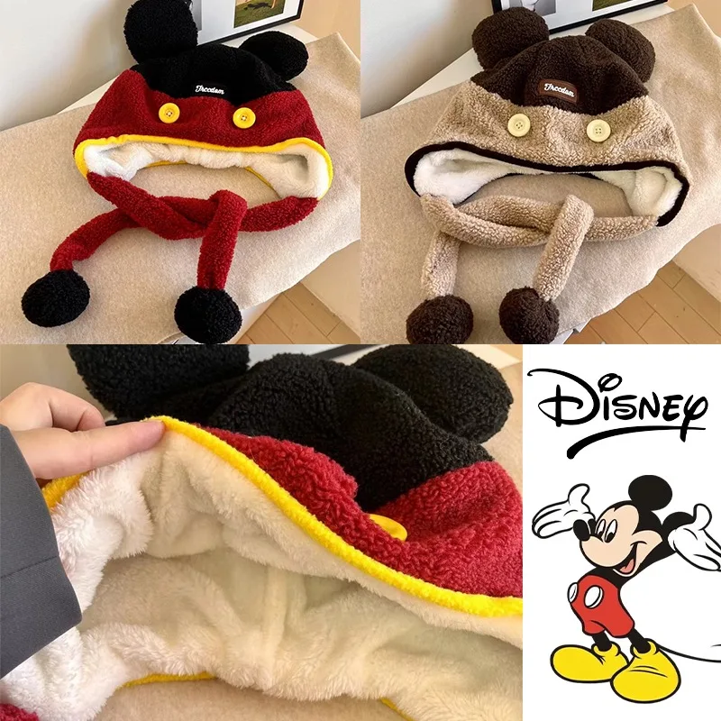 

Disney Mickey Mouse Earflap Hat Plush Winter Hooded Kawaii Beanies Anime Creative Couple Men Women Home Soft Fluffy Earmuffs Hat