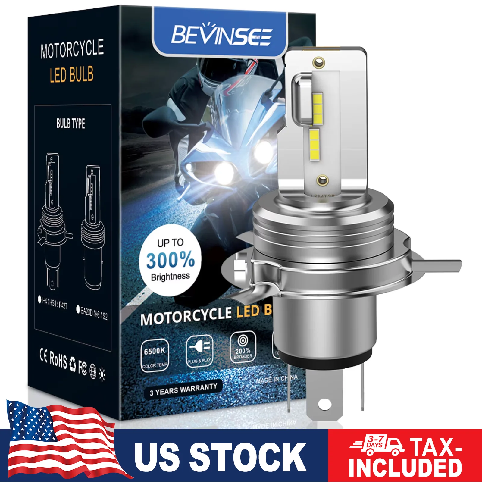 

BEVINSEE H4 LED Moto Hi/Lo Beam 9003 H4 Motorcycle LED Headlight Bulb Wireless Non-Polarity Lamp for Honda Kawasaki Yamaha DC/AC