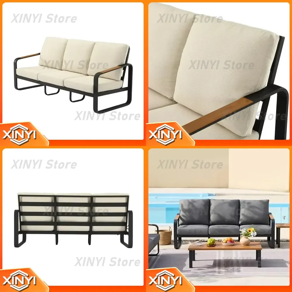 Outdoor 3 Seater Sofa for Patio Furniture Tall Back 62cm Oversized Seat Black Metal Frame Wood Armrests PET Fabric Cushions