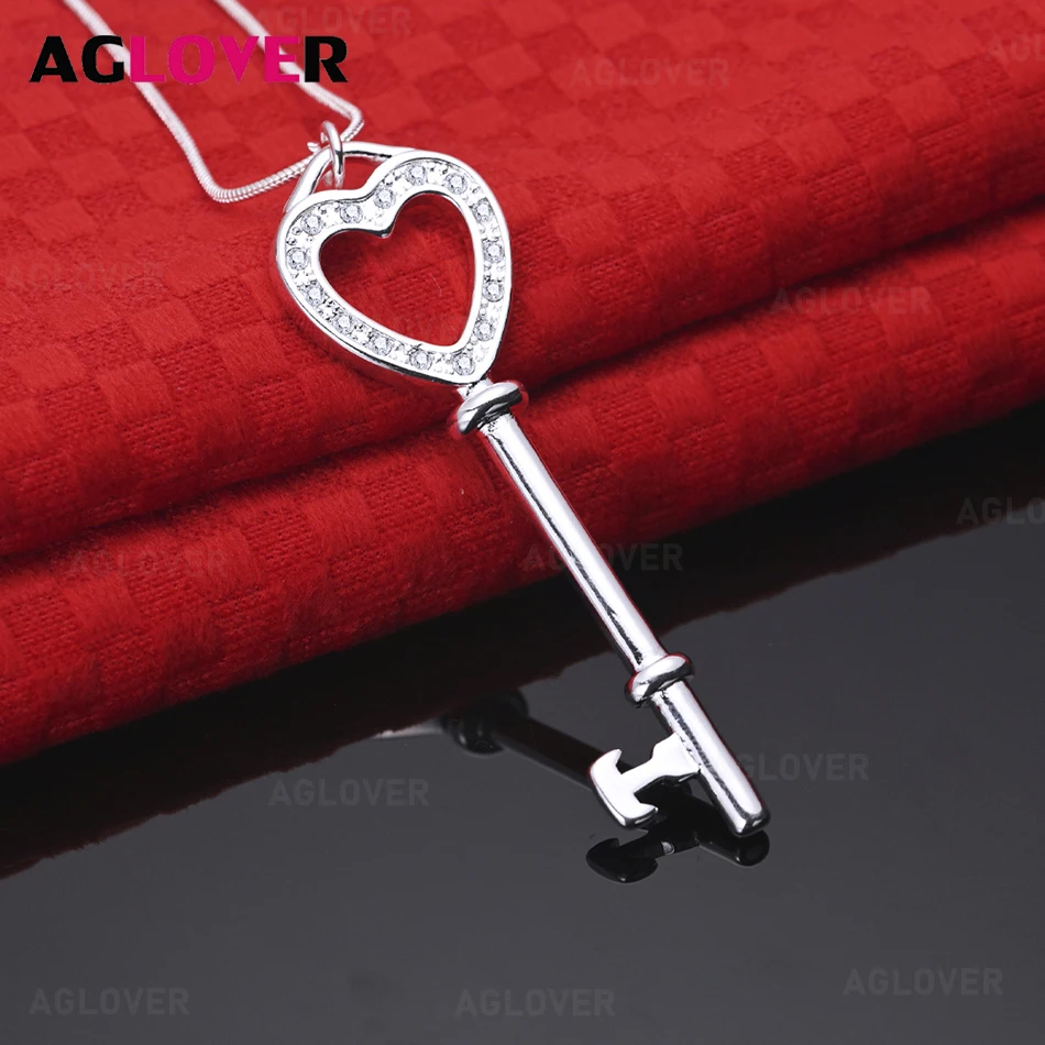 

AGLOVER 925 Sterling Silver Heart Ring Key Inlaid Zircon Hollow Pendant Necklace Women's Exquisite Cute Jewelry Wedding Jewelry