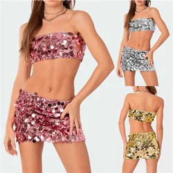 Shiny Sequins Hollow Out 2 Piece Set Women Sleeveless Cropped Top Midi Bodycon Skirt Suit 2023 Summer Beach Female Outfits