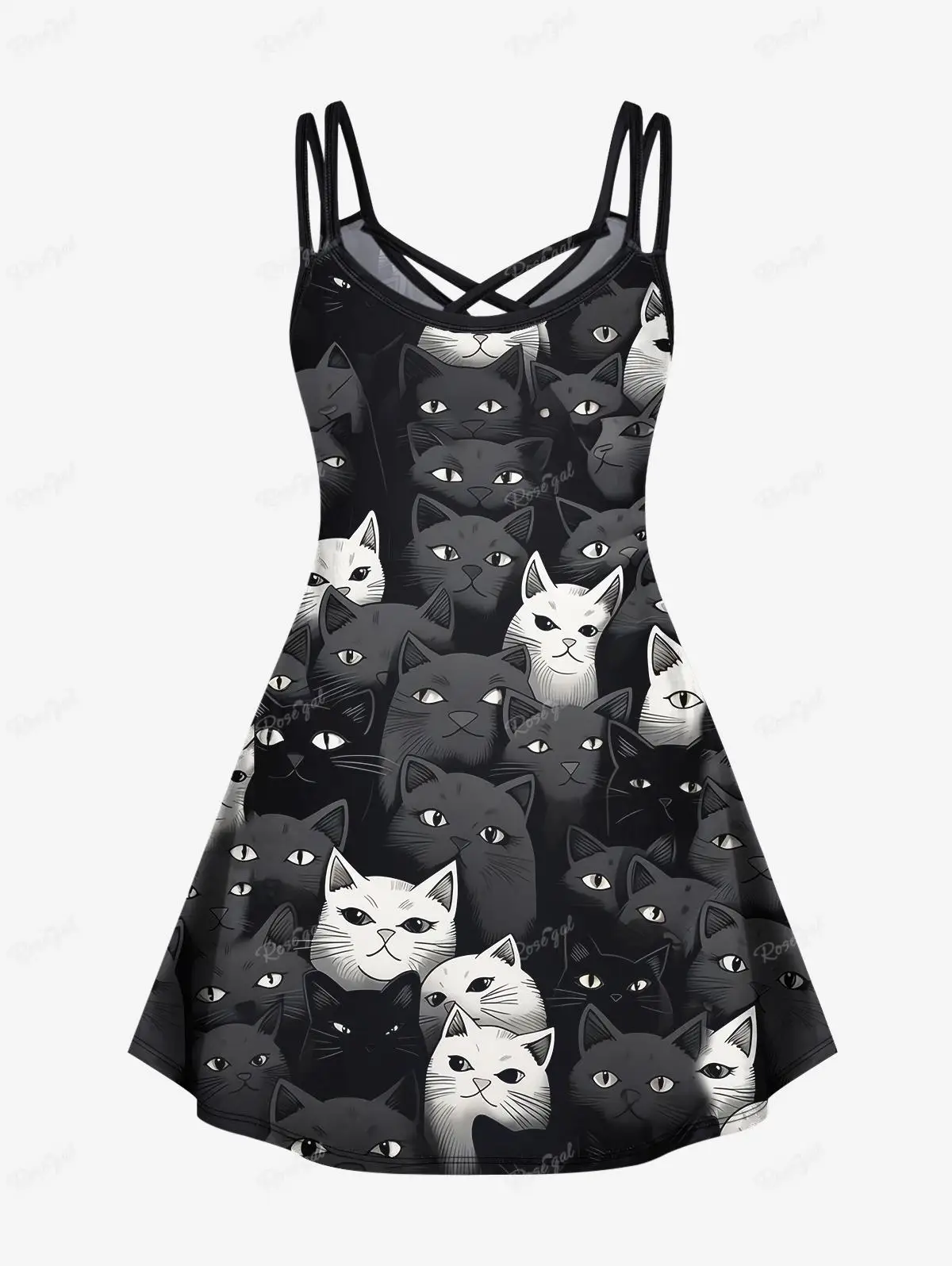 Black Cute Cats Printed Couples Outfits Buttons Shirt For Men, Crisscross Cami Dress For Women S-3X 3D Graphic Matching Set