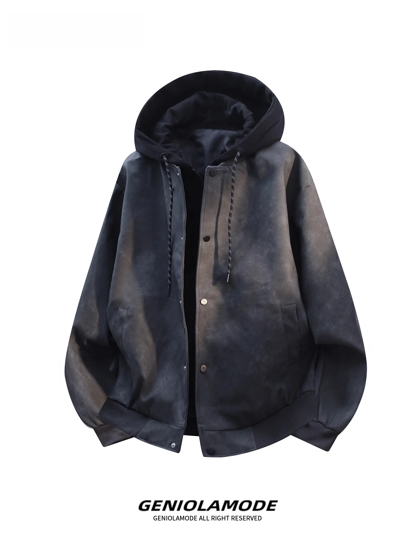 

Genio Lamode Trendy Brand Men's Loose Fit Faux Leather Jaet with Hood Warmth Added Autumn Winter Street Sle Outerwear