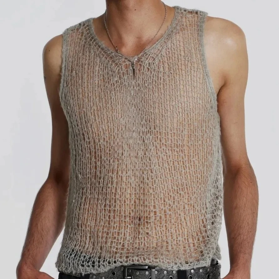 مثير الرجال سترة شخصية جوفاء سترة شفافة تصميم الأزياء الاتجاه الأعلى