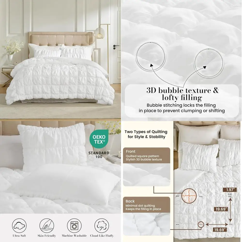 

Queen Size Bubble Weight Comforter Set in White for All Seasons, 3-Piece Bedding Ensemble with Comfort