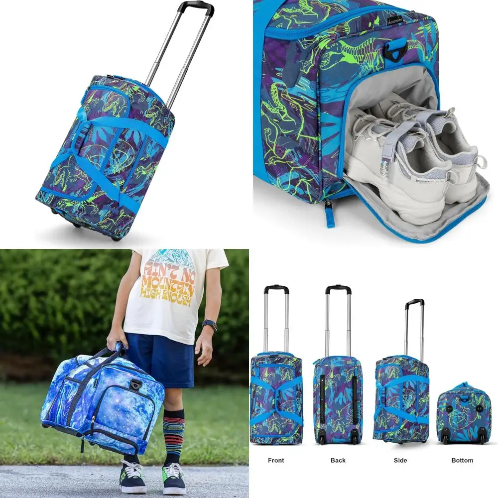 Koper Roda Dinosaurus Biru untuk Anak-Anak, Balita, dan Remaja - Tas Perjalanan Anak Laki-Laki Warna Mocha dengan Roda untuk Berkemah dan Bepergian