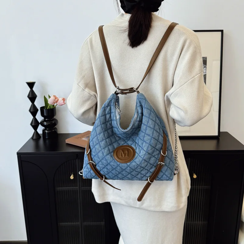 

2025 Autumn and Winter Niche Shoulder Large Capacity Tote Bag Crossbody High Sense Washed Denim Bag Women's