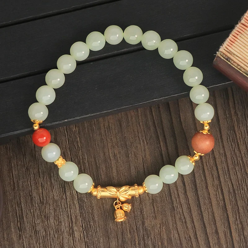 

Hetian Jade Beaded Bracelet with Gold Pixiu Pendant & Agate Accents – Auspicious Oriental Style Jewelry