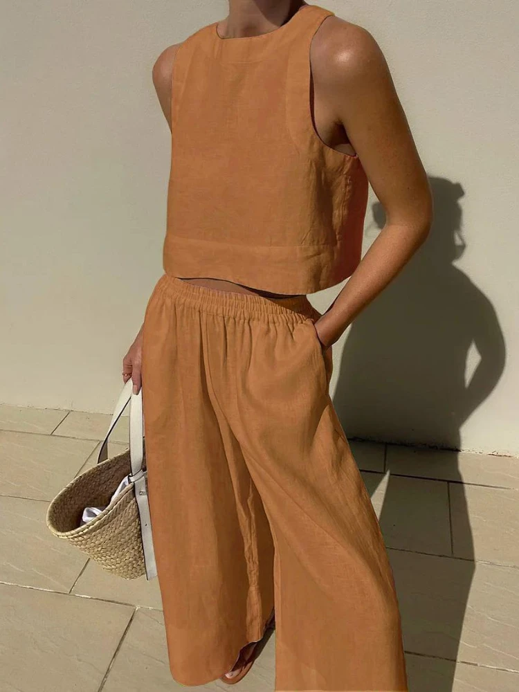 2024 Summer Fashion New Women\'s Cotton and Hemp Set Round Neck Sleeveless Shirt Tie Waist Wide Leg Pants Sports Two Piece Set