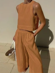 2024 Summer Fashion New Women's Cotton and Hemp Set Round Neck Sleeveless Shirt Tie Waist Wide Leg Pants Sports Two Piece Set