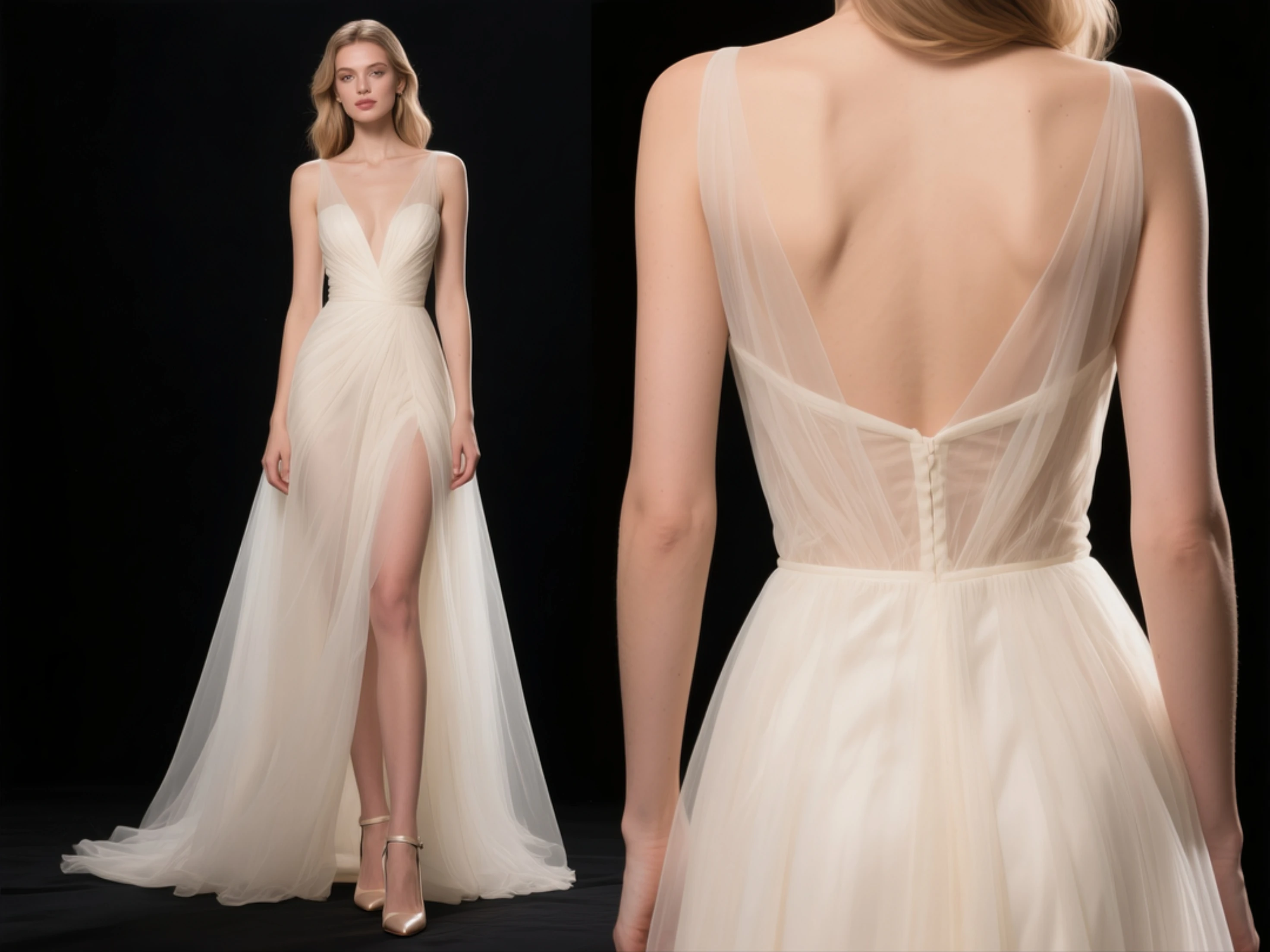 セクシーなAラインVネックノースリーブチュールロングイブニングドレス、ロマンチックなバックレスハイ スリットブライズメイドドレス2025無料カスタマイズ