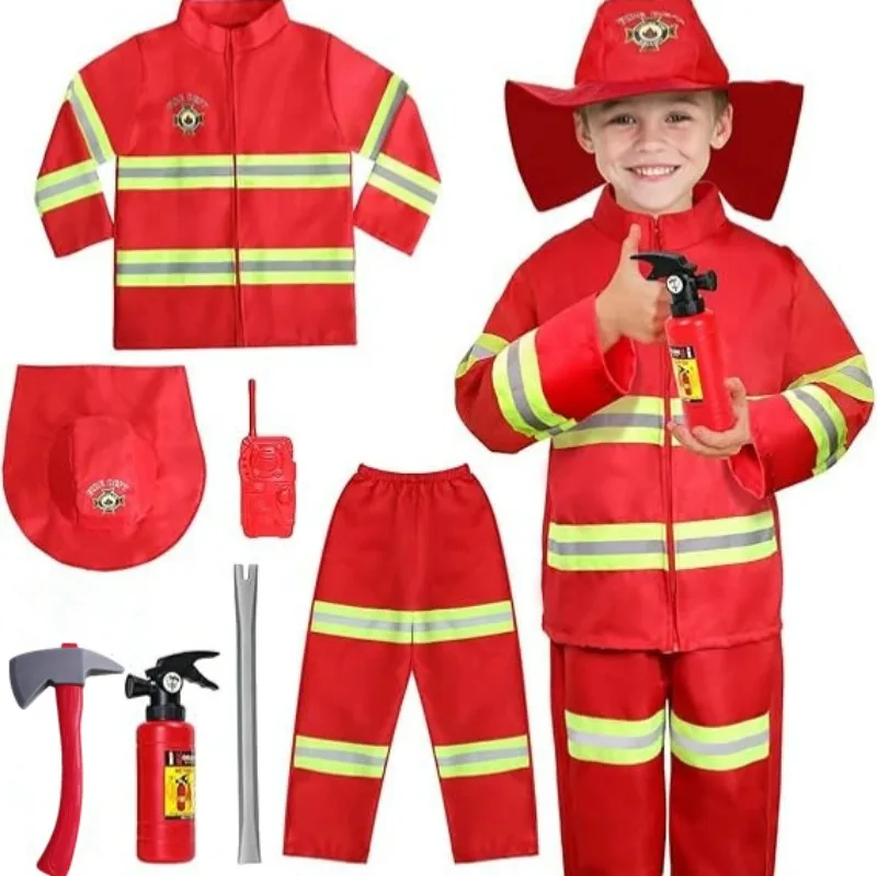 Feuerwehrmann-Kostümset für Kinder – Rotes, bedrucktes, sportliches Feuerwehrmann-Outfit für Berufstag und Feuerübungs-Rollenspiel