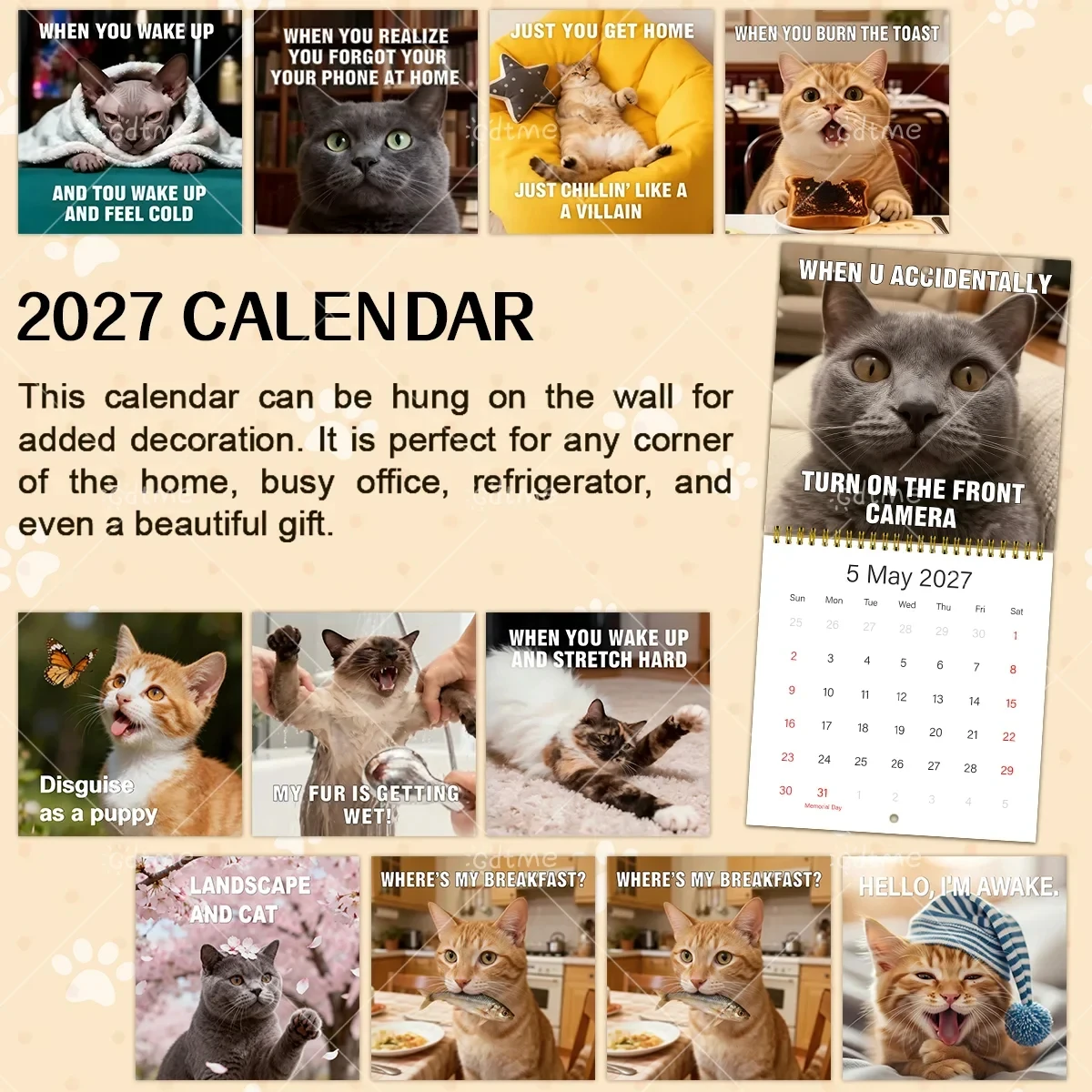 2027 Cute Kitten Funny Meme Wall Hanging Calendar Photo Planner Novelty Present Cat Lovers Home Office Interior Decor Ornament