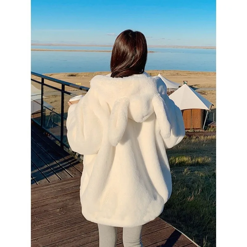 Rabbit Ears Cute Solid Color Hooded Coat Female Winter 2024 New Cotton Padded Soft Waxy Cotton-padded Jacket