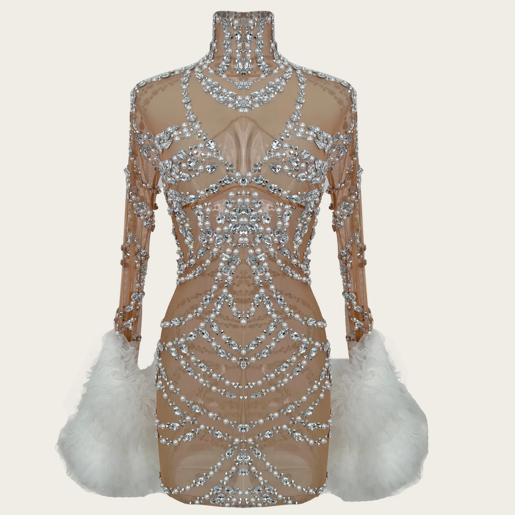 

Sparkly Rhinestone Pearls Mini Dress Women See Through Mesh Sexy Dresses Night Party Cocktail Dress Prom Evening Dress Maozhua