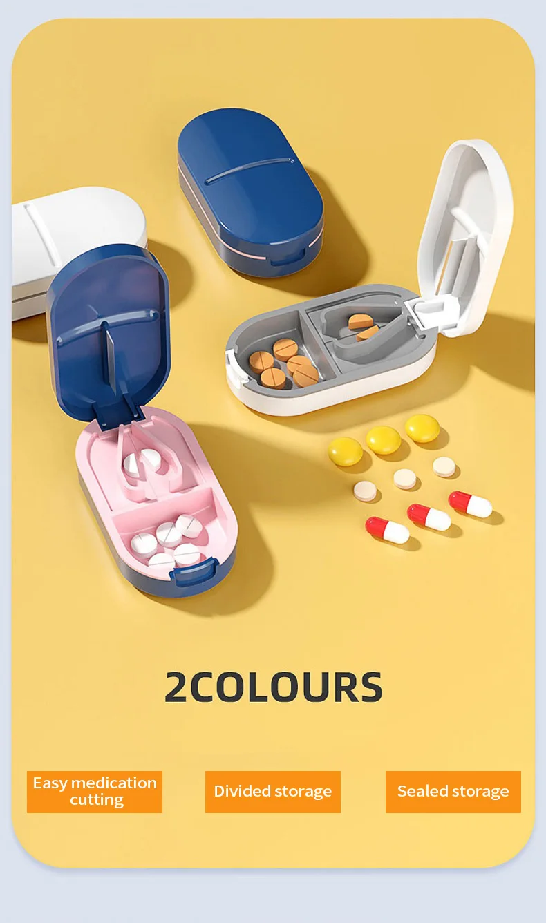Tragbarer Pillenteiler 2-in-1 Pillendose mit Edelstahlklinge, geeignet zum Schneiden von Vitamin- und Tabletten in 1/2 und 1/4 Stück. – Detail 3