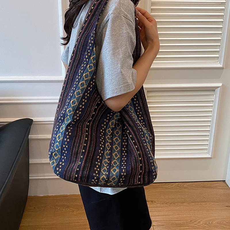 Damen Boho Chic Aztec Tote Bag Ethnic Sling Umhängetasche Schultertasche für Arbeit Reisen Lady Stricken Canvas Gypsy Hippie Bag – Detail 12