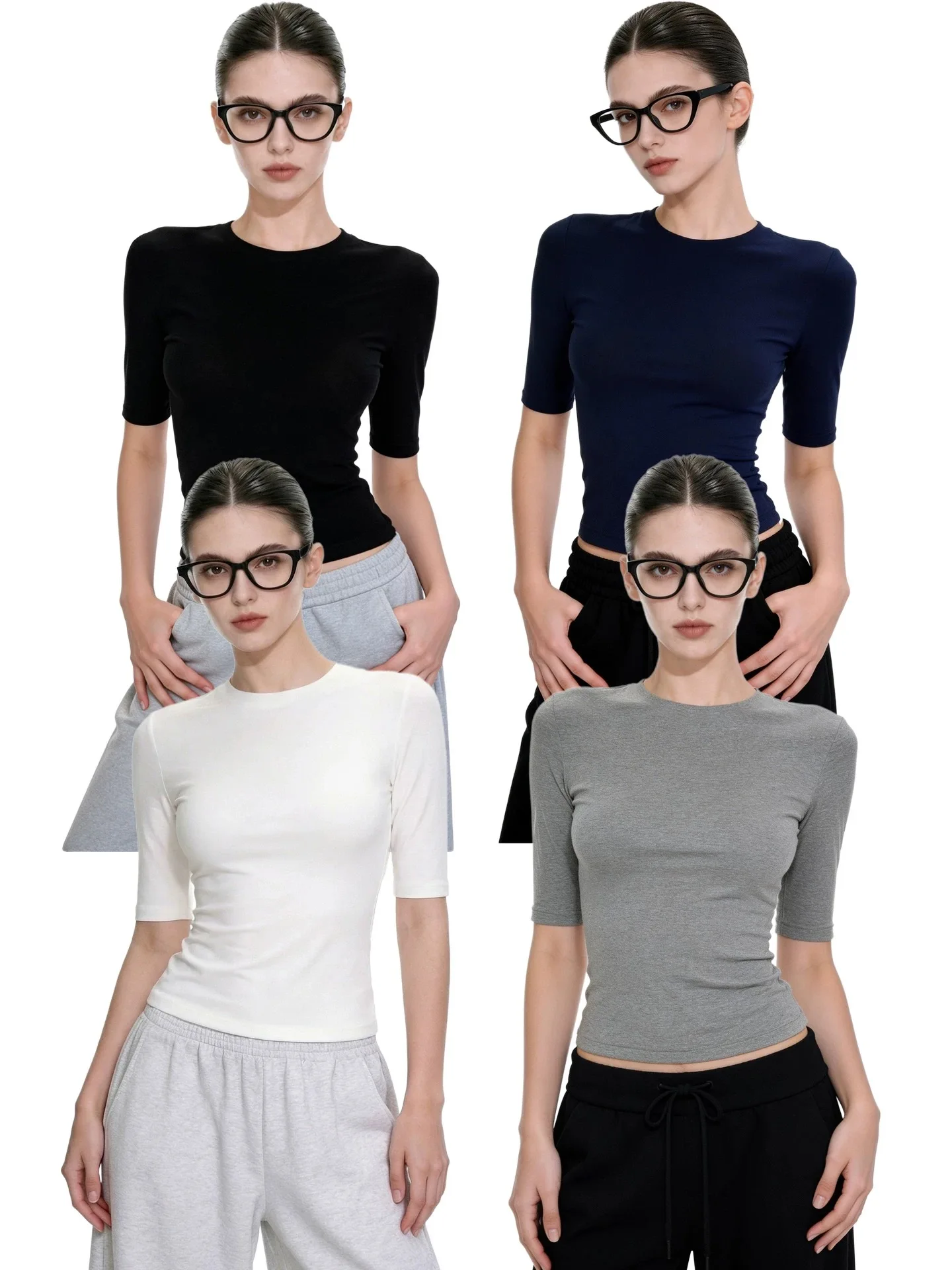 

Black Slim Fit Short Sleeve T-Shirt Women's round Neck Five Sleeve Summer plus Size Casual Versatile Body Shaping Top