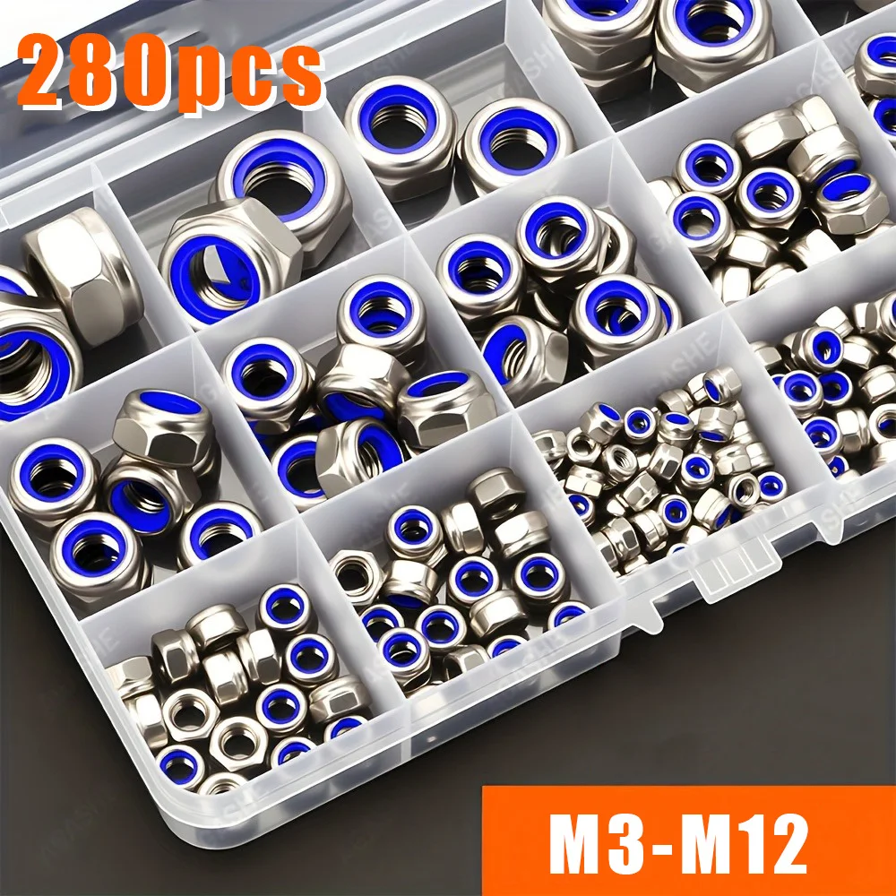 280 Pieces of Stainless Steel Nylon Anti-Slip Self-Locking Nuts M3-M12, Nylon Embedded Nuts, Hexagonal Screw Caps