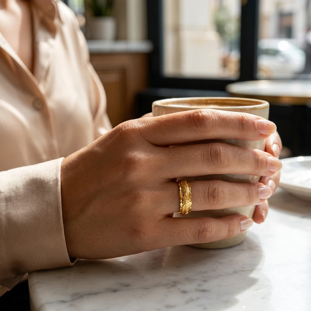 Minimalistischer Ring mit ausgehöhltem Muster für Damen, Messingmetall, goldfarben, Rosenblüten-Fingerring, zarter Verlobungs- und Hochzeitsschmuck – Detail 3