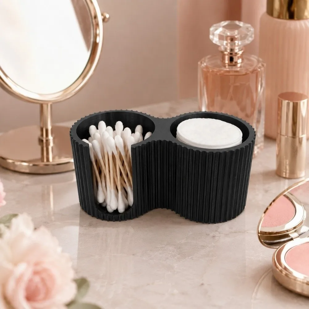 3D Printed Cosmetic Storage Container Minimalist Dual Compartment Cotton Swab Holder Plastic Striped Pattern Beauty Storage Box