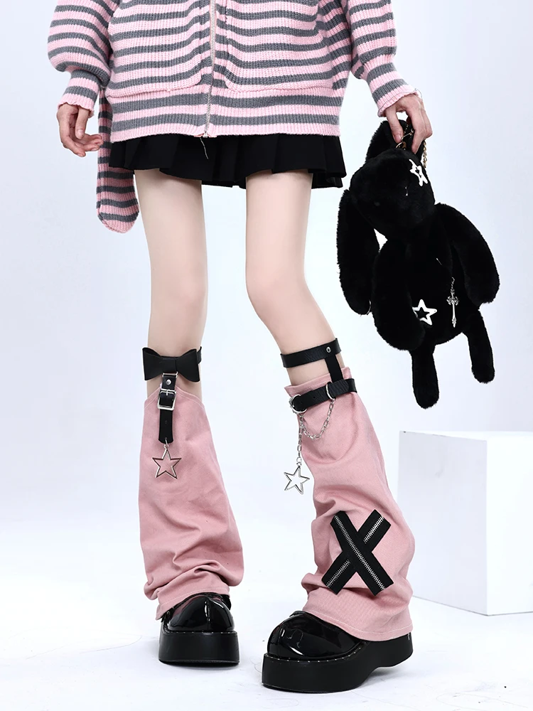 2024 Summer New Hot Girl Y2k Cross Chain Leather Buckle Leg Warmers Fashion JK Pink Punk Pile Up Socks LegWarmers for Women