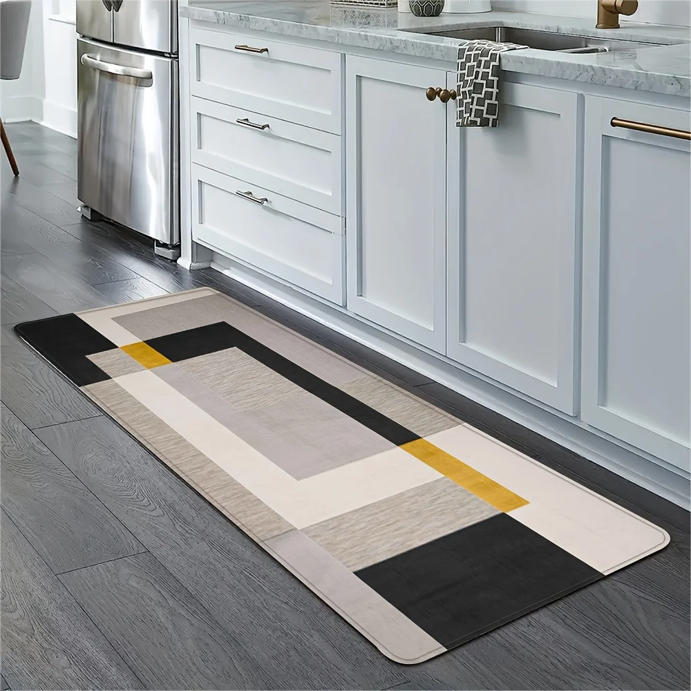 Khaki geometric pattern kitchen mat, non-slip, water-absorbent running mat, home decor for bedrooms and living rooms