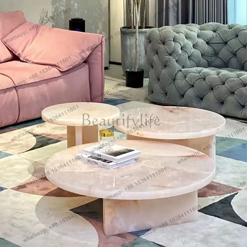 

Итальянский кофейный столик из натурального розового мрамора с элементами из хрусталя и нефрита, в стиле лёгкой роскоши.