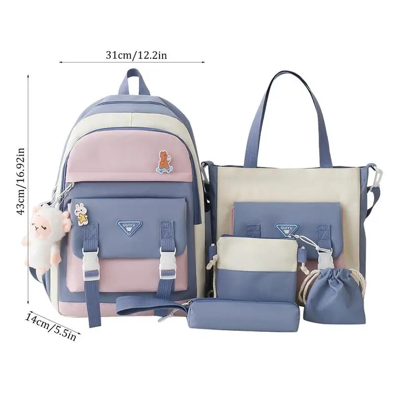 Tas ransel estetis 5 buah ransel sekolah kanvas Set Kombo tas sekolah dengan tas bahu tas pensil tas pinggang multifungsi remaja