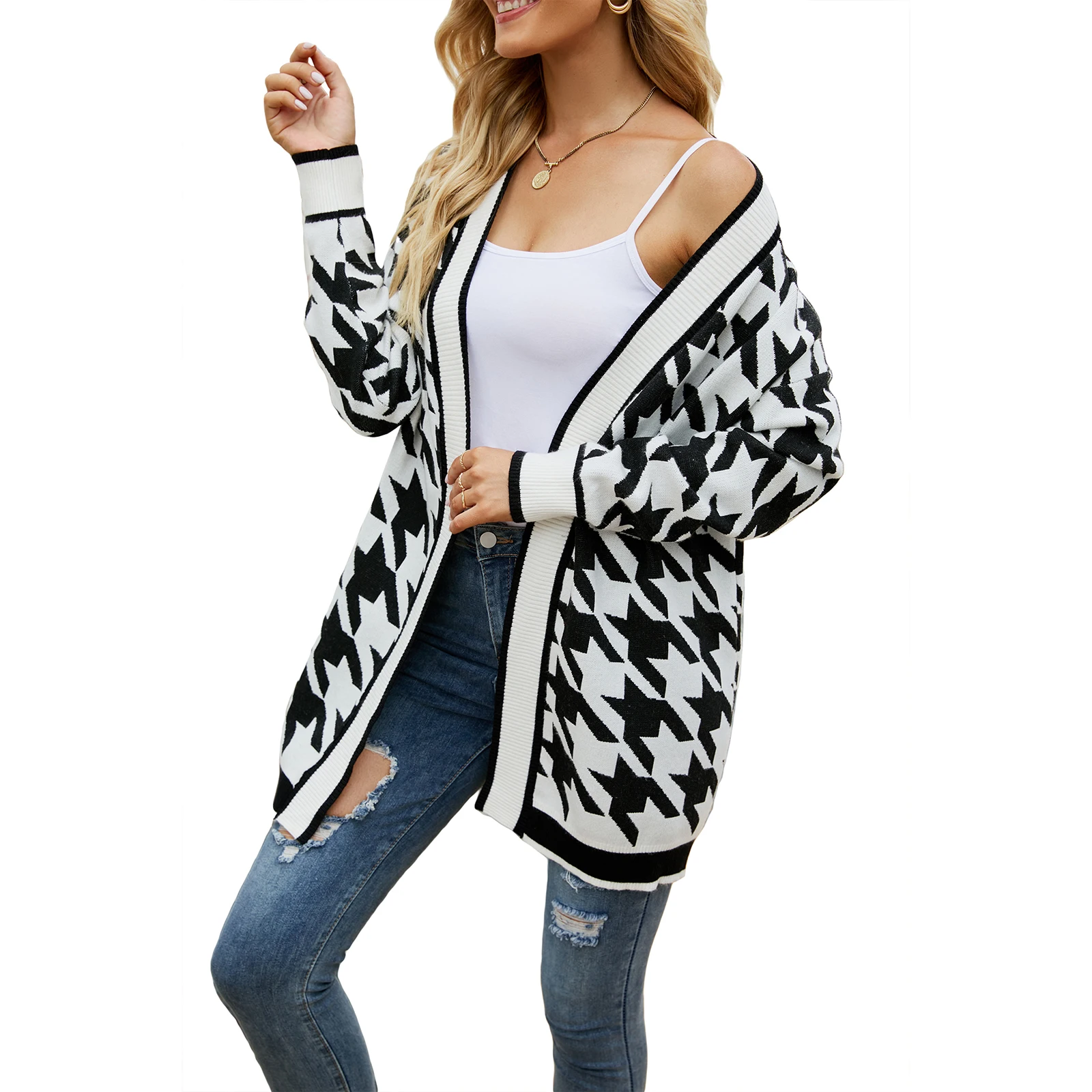 Ladies Autumn Mid-length Knitwear Coat Women Contrast Color Houndstooth Pattern V-neck Long Sleeve Sweater Coat Knitted Cardigan