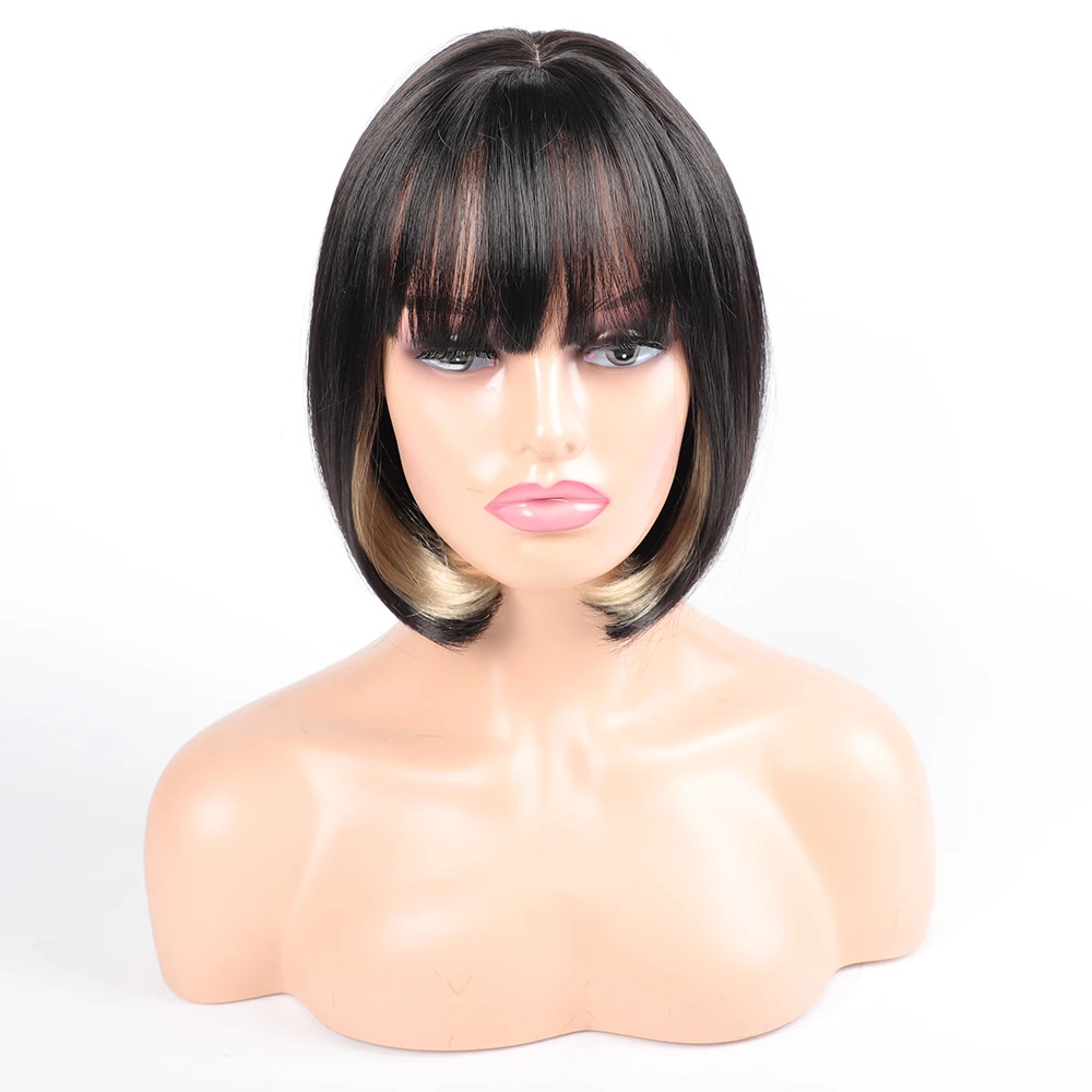 Black Bob Synthetic Hair Wig Straight Wig with Bangs Synthetic Bob Wig for Black Women Short Afro Highlight Wigs with Fake Scalp