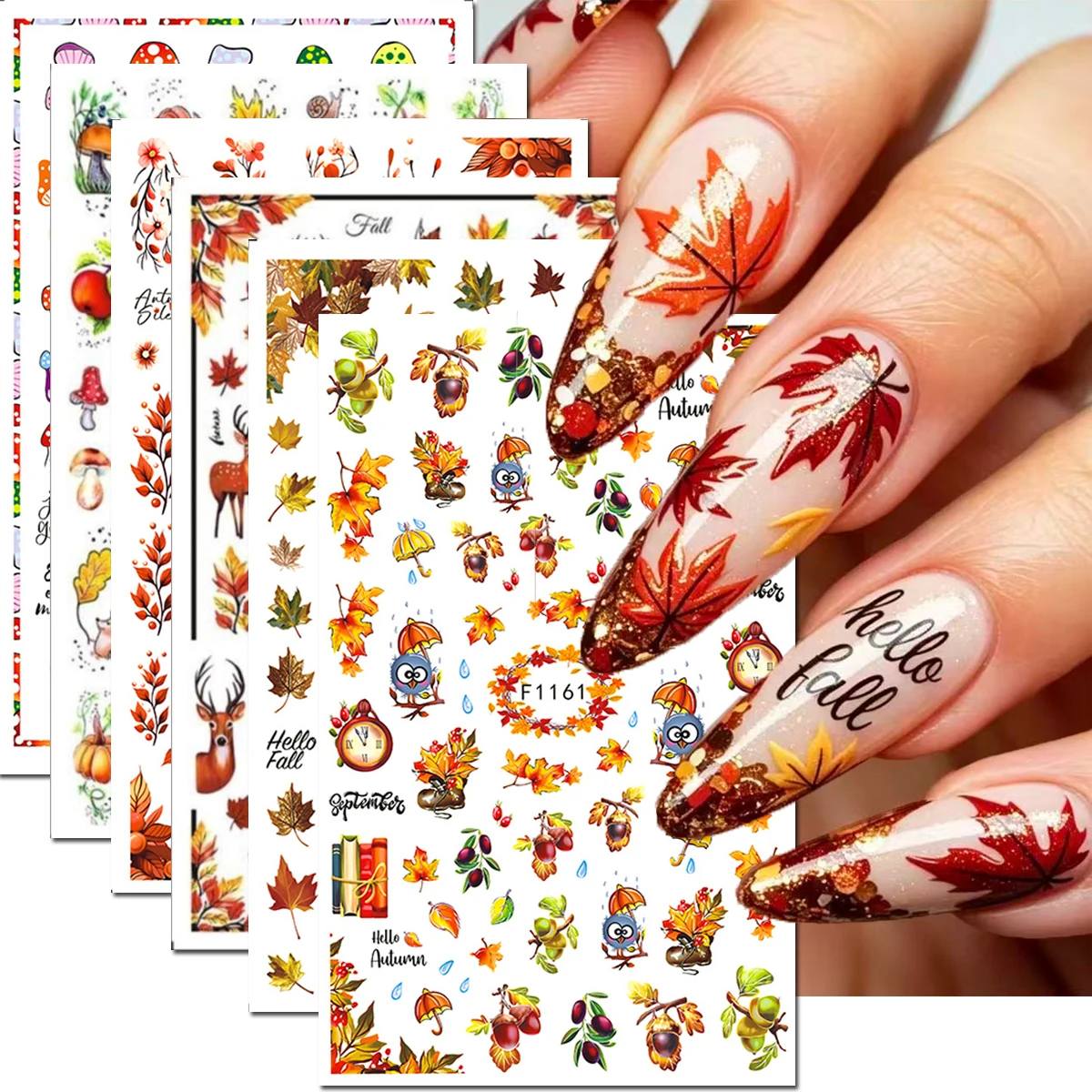 6-Sheets Autumn Fall Maples Leaf Pinecone Pumpkin Mushroom 3d Nail Stickers Nail Decals Manicures DIY