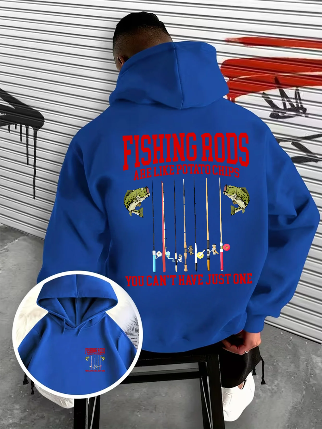 Humorvolles Zitat eines Fischers – Herren-Kapuzenpullover mit Aufdruck von Barschen und mehreren Angelruten, lässiger Outdoor-Streetwear-Hoodie – Detail 6